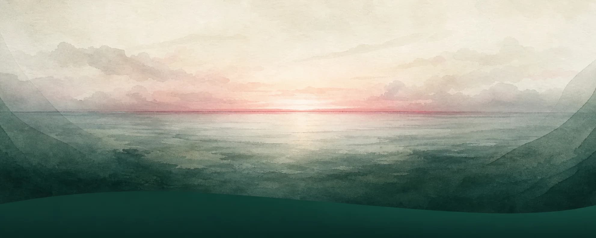 Pastel watercolor dawn over pine-dark ocean water, with a dusty rose horizon and soft curved washes.