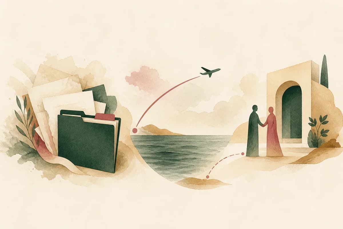 Watercolor of an organized case file, a journey across the sea, and a person welcoming you on arrival.